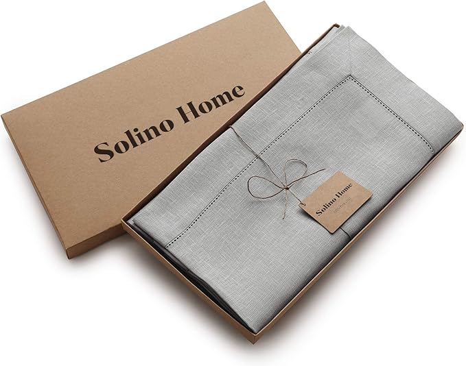 Solino Home Linen Soft Grey Tablecloth 60 x 132 Inch - Classic Hemstitch, 100% Pure Linen Rectangular Tablecloth - Machine Washable Table Cloth for Fall, Autumn, Thanksgiving, Christmas