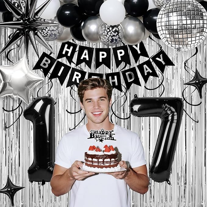 17th Birthday Decorations for Boys Girls, Black Silver Happy Birthday Party Decorations， 17 Year Old Party Supplies with Number 17 Balloons, Banner, Fringe Curtains Kit