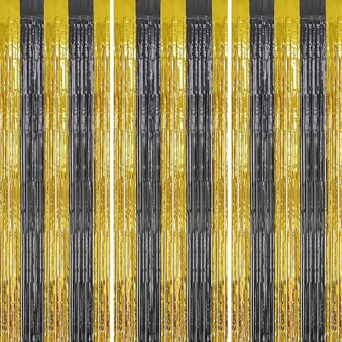 3 Pack Foil Fringe Backdrop - Black&Gold Shiny Tinsel Curtains for Party Decoration/Photo Booth Props - 3.3x8.2 FT Metallic Foil Backdrop for Birthday, Wedding, Graduation, Christmas.