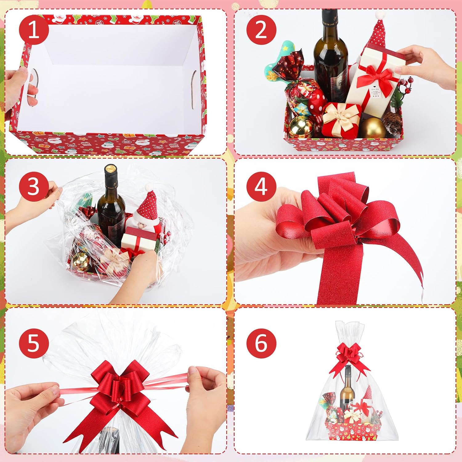 Cholemy 27 Pcs Christmas Baskets for Gifts Empty, Include Gift Baskets Empty with Handles Basket Bags and Red Pull Bows Cardboard Bags Kit for Xmas Birthday Holiday Wedding Party