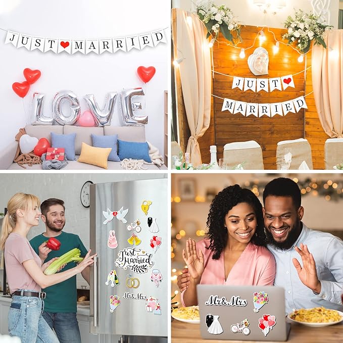 16 Pcs Just Married Car Decorations Include 14 Assorted Ornate Car Magnets Just Married Window Decal and Cardstock Sign Banner Wedding Decorations for Bridal Shower Honeymoon Photo Props