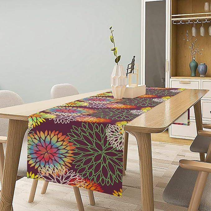 Brown Dahlia Flower Table Runner, Linen Geometric Pattern Floral Table Decor Spring Farmhouse Decorations for Kitchen Dining Holiday Party Decor, 13x70 Inch