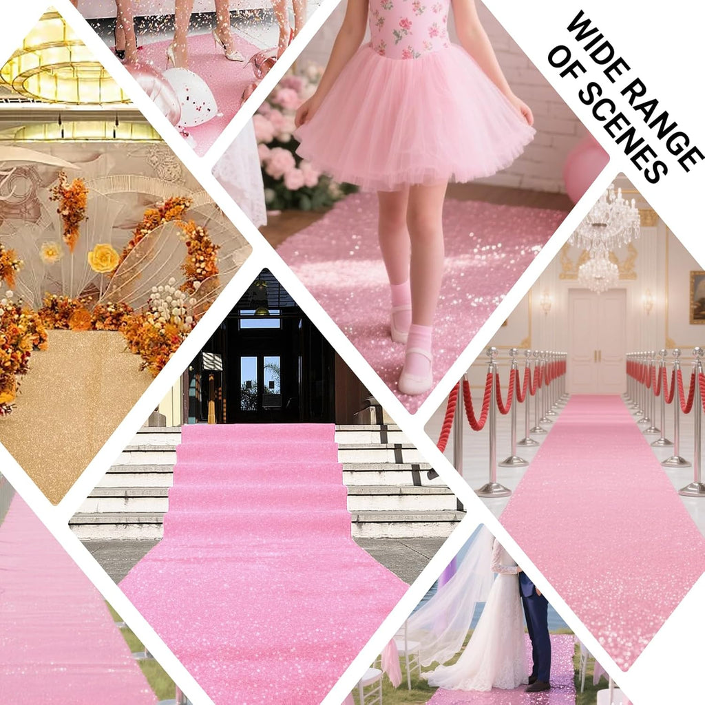 Glitter Carpet Runner for Party -200 GSM Thickness Non-Woven Fabric Runner Rug with Adhesive Tape, Hollywood Carpet for Event, Aisle Runner for Wedding Ceremony (Glitter Pink, 2.6FTx15FT)