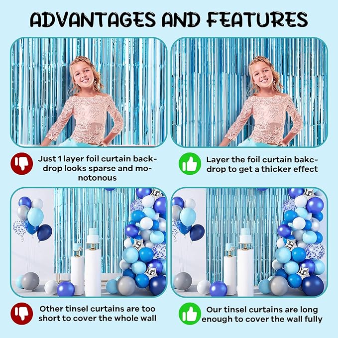 4 Pack 3.3x8.2 Feet Light Blue Foil Fringe Backdrop Curtains, Tinsel Streamers Birthday Party Decorations, Fringe Backdrop for Graduation, Baby Shower, Gender Reveal, Disco Party