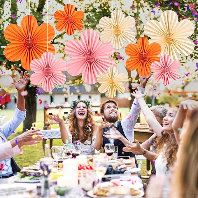 SUNBEAUTY Paper Flowers Decorations for Wall Paper Fans Classroom Decoration Paper Floral Backdrop Decor Paper Fans Decoration Hanging Paper Fans Orange Flower Wall Decor,Set of 9