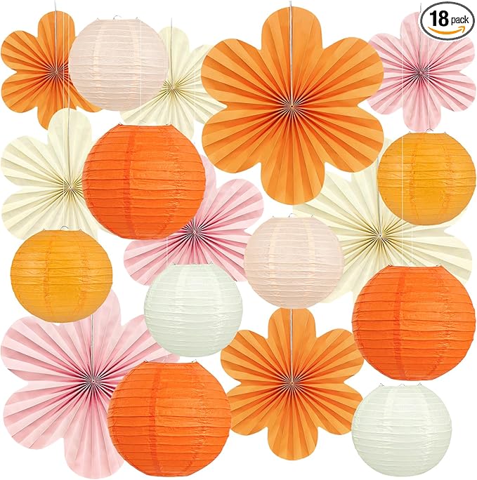 18Pcs Fall Pink and Orange Party Decorations, Hanging Paper Lanterns Flowers Fans for Girls Women Wall Baby Shower One Sweet Peach Thanksgiving Bachelorette Sunset Birthday Fall Party Decorations