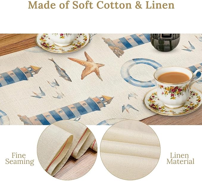 Blue Beach Table Runner, Tropical Ocean Coast Table Runner, Seashell Seasonal Nautical Restaurant Coffee Table Decorations for Home Holiday Party Indoor Outdoor 13x120 Inch
