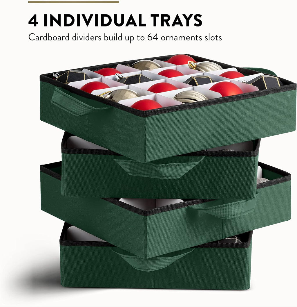 Zober Christmas Ornament Storage Box - Stores 64 Ornaments - Non-Woven, Tear- Proof Christmas Ornament Storage Containers - 3 Inch Cube Compartments - Green