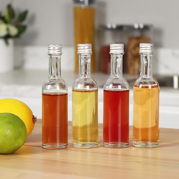 50 ml Mini Liquor Bottle Glass With Aluminum Lid and Heat Shrink 24 Pack (White Caps) for Liquor Sauce party Favor Beverage
