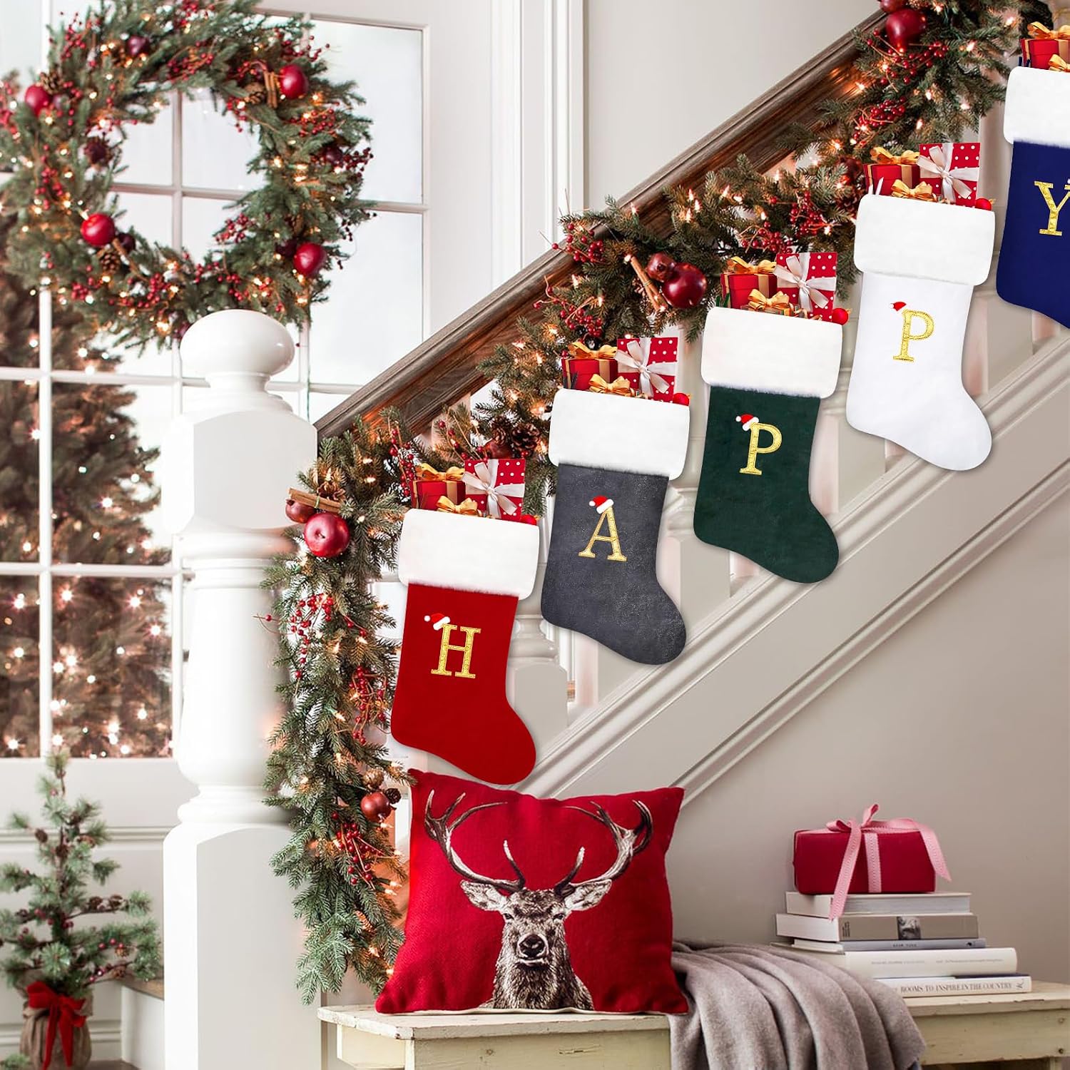 20 Inches Blue Velvet with White Super Soft Plush Cuff Monogram Christmas Stockings, Xmas Personalized Embroidered Letter Stockings for Family Holiday Decorations and Xmas Tree Fireplace（M）