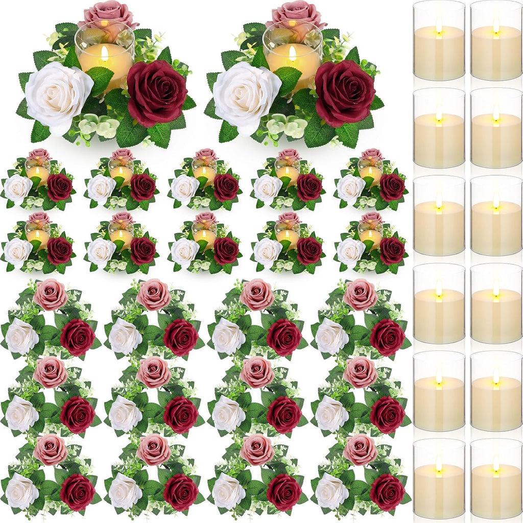 Yunlly 12 Pcs Rose Candle Rings with Flameless Candles Sets, Artificial Flower Eucalyptus Wedding Centerpiece 3 Inch Pillar Candleholders Wreaths for Wedding Party Mother's Day (Red，Pink，White)