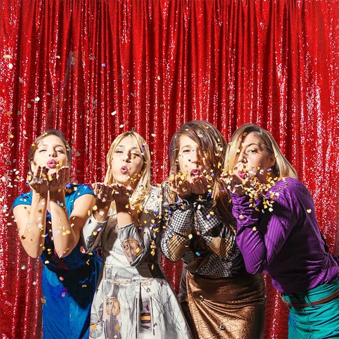 SquarePie Sequin Backdrop Curtain Not See Through Thick Glitter Background for Party 8FT x 10FT Red