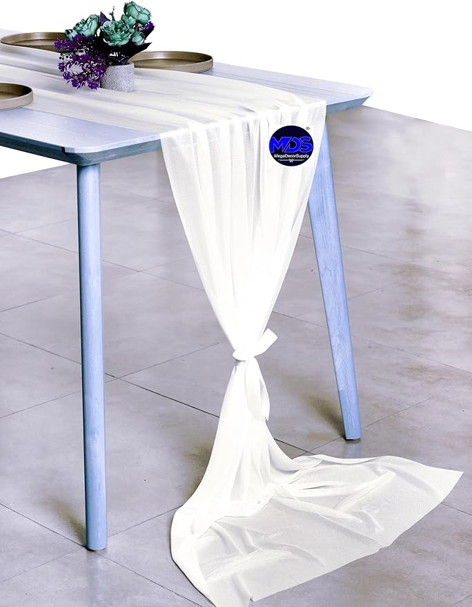 MDS 2 Pack 14ft Chiffon Table Runner 29 x 170 Inches Sheer Wedding Runner Romantic Rustic Table Runner for Wedding Decorations, Birthday Parties, Bridal Shower Party Arch Decor - Ivory