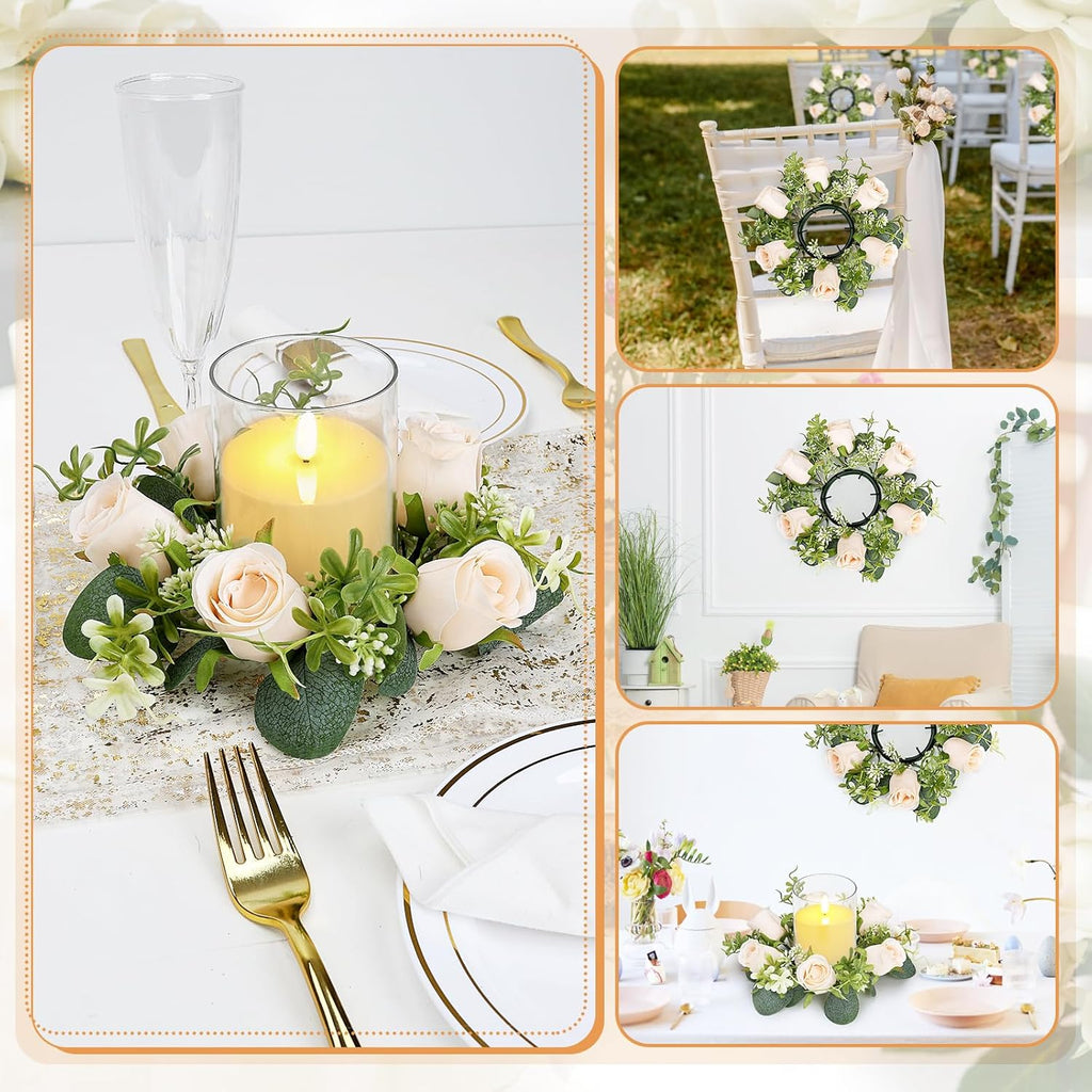 12 PCS Candle Rings with LED Flameless Candles, 3 Inch Artificial Rose Wreaths Eucalyptus Leaves for Table Centerpieces Home Wedding Party Decor, Champagne, 6 Sets