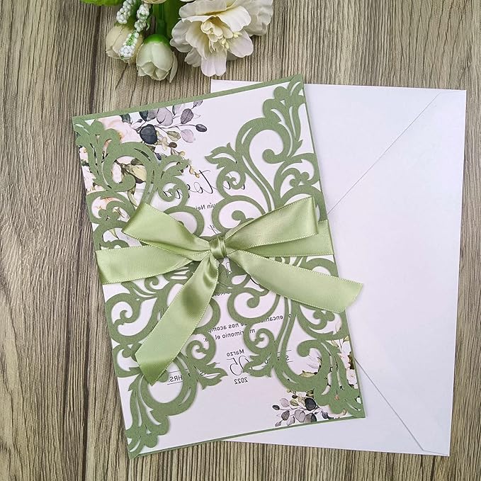 25PCS Laser Cut Wedding Invitations Cards with Envelopes,Blank Inner Sheets,Ribbons for Wedding Bridal Shower Quinceañera Engagement Birthday Invites (matte sage green)