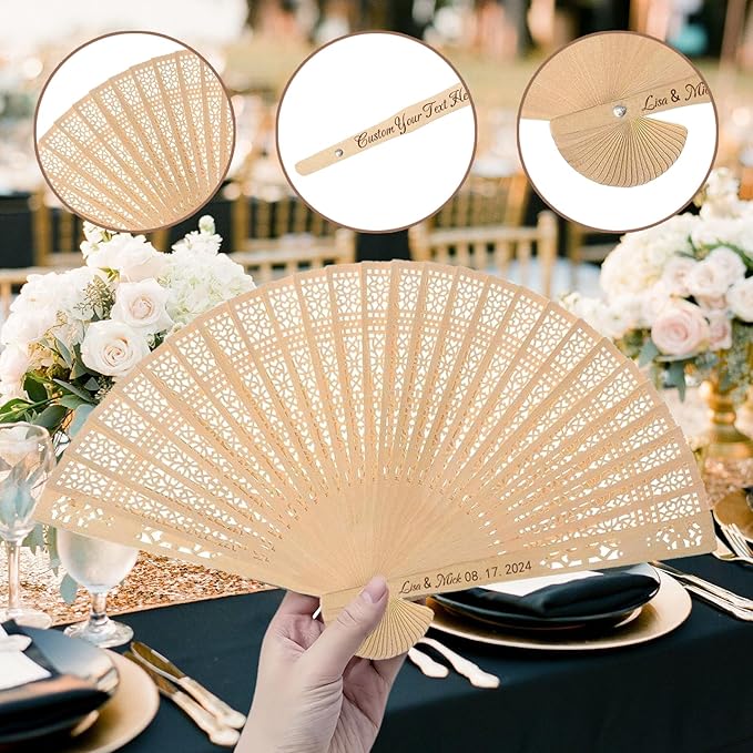 100Pcs Wedding Fans Personalized Folding Hand Fans Custom Sandalwood Wedding Fans with Organza Bags Wedding Party Favor Wedding Fans for Guests (200)