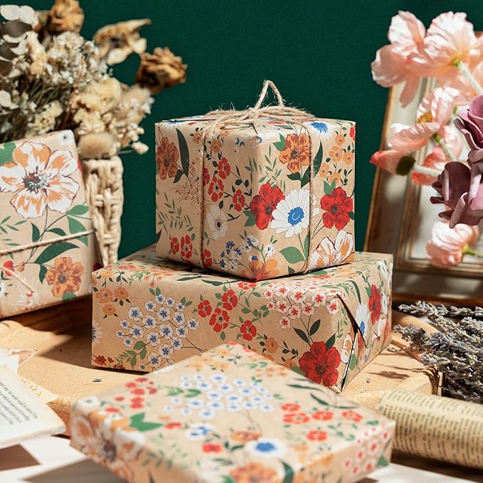 WRAPAHOLIC Kraft Floral Wrapping Paper - Mini Roll - 3 Rolls - 17 Inch x 120 Inch - All Occasion Vintage Flower and Sunflorwer Design for Wedding Bridal Shower Birthday