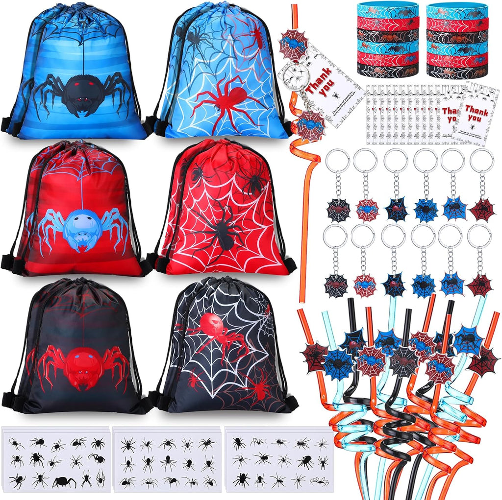 LemonRoad 73 Pcs Spider Party Favors Set Birthday Supplies Includes Drawstring Bags Backpack Keychains Bracelets Stickers Straws Tags for Birthday Party Favors Rewards Gifts