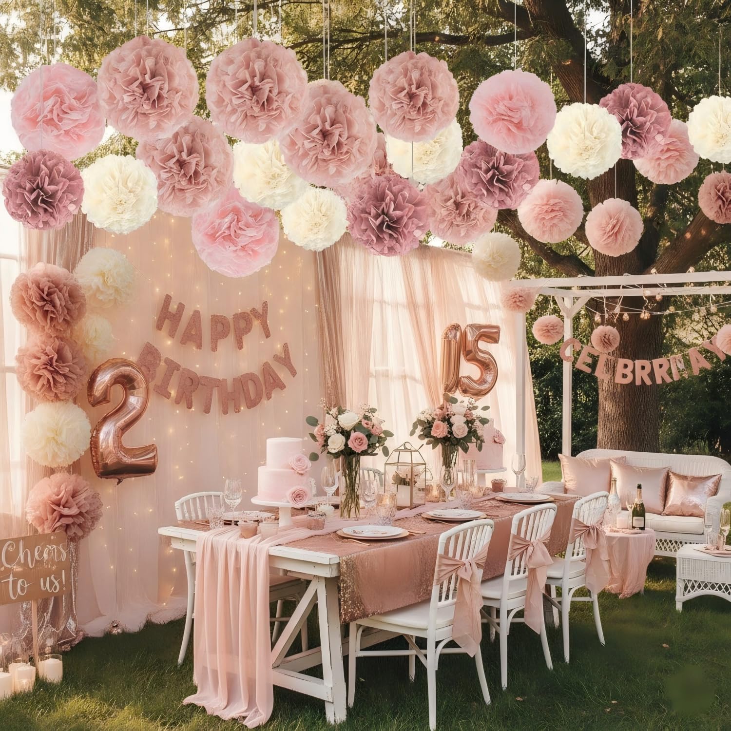 Boho Party Decoration,12pcs Blush Pink, Dusty Rose, Mauve, Cream Tissue Paper Pom Poms,Hanging Paper Flowers for Wedding Bridal Shower Bachelorette Party Decoration