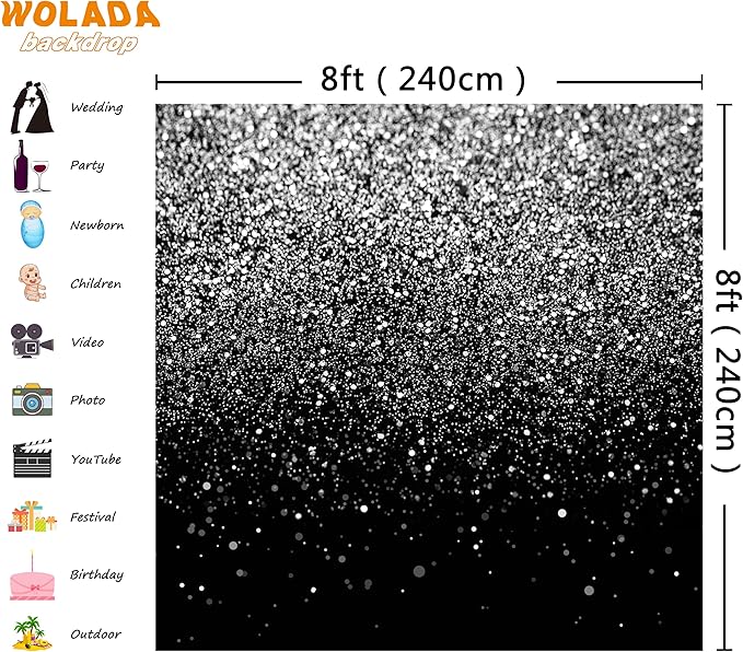 WOLADA Black and Silver Backdrop Silver Glitter Backdrop for Photography Wedding Birthday Baby Shower Party Photo Studio 8x8FT FW18