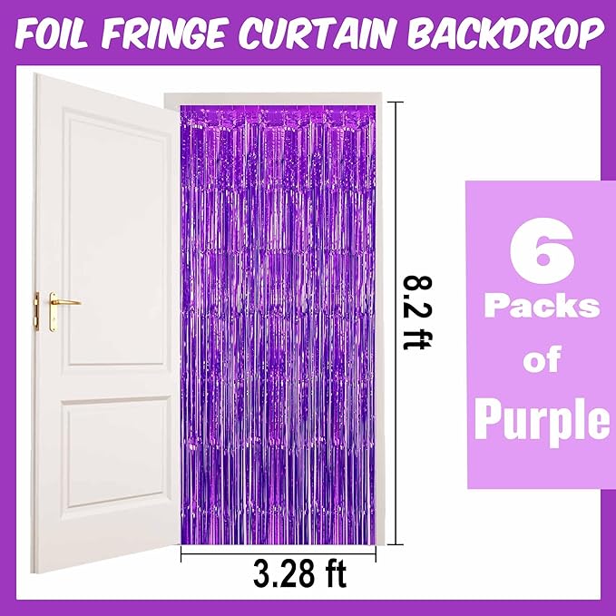 6 Pack Purple Foil Fringe Curtains Backdrop, 3.28 x 8.2 Ft Metallic Streamers Tinsel Curtains Background for Photo Booth, Birthday, Weddings, Carnivals, Graduation, Themed Party Decorations