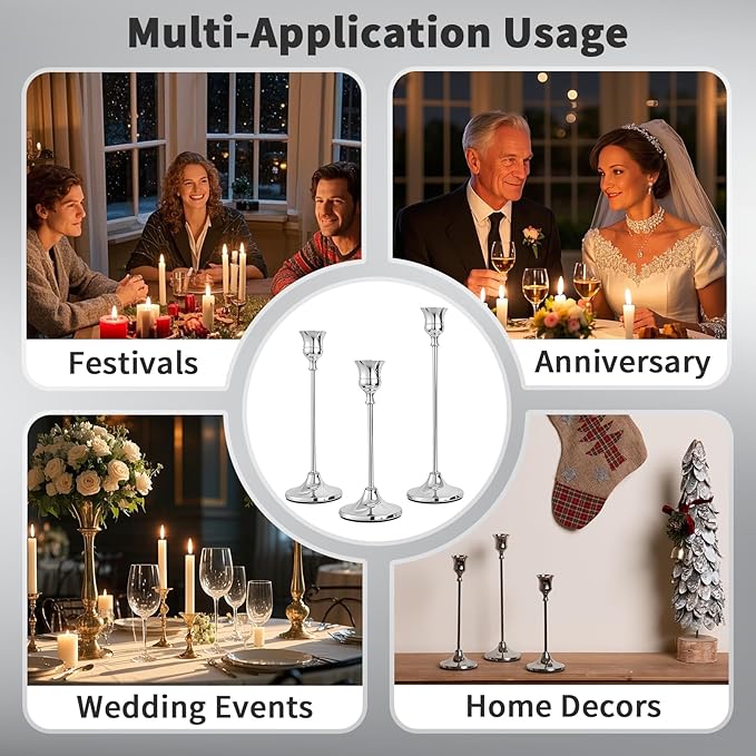 CHILL RECIPE Silver Taper Candle Stick Holders Tall Candle Holder, Vintage Candlesticks Holder Bulk for Home Decor Table Centerpiece Dining Party Festival Decorations(1 Set 3Pcs)