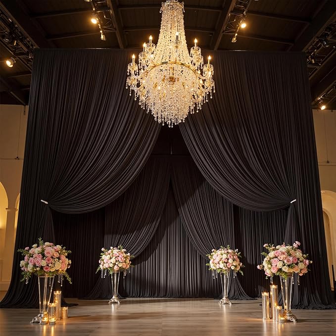 30ft x 15ft Black Wrinkle Free Backdrop Curtain for Parties, Silky Polyester Fabric Wedding Ceiling Drapes, 6 Panels 15ft Photo Back Drop Drapes for Baby Shower Photography Stage Background Cloth