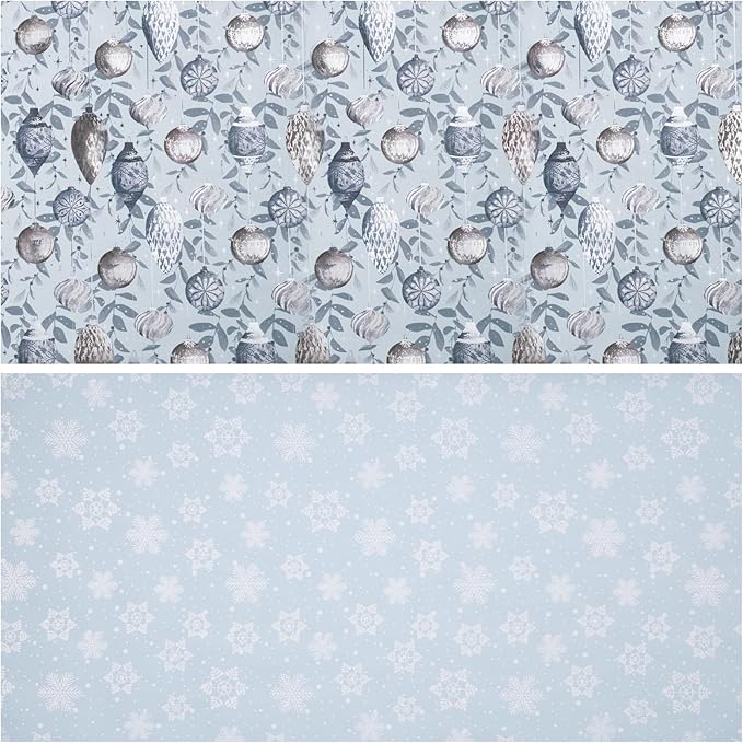 LeZakaa Christmas Silver Wrapping Paper Mini Roll, Silver Blue Christmas Ornaments, White Blue Snowflakes Metallic Foil, Reversible Design for Winter Holiday Family Gathering, 17 inches x 32.8 Feet