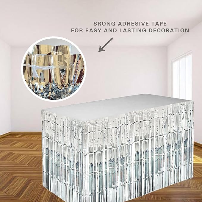 Silver Streamers Party Decorations, 2 Packs Silver Table Skirts Metallic Foil Fringe Tinsel for Birthday Disco Bachelorette Baby Shower Wedding Graduation Float Parade Party Supplies - 29x108 Inch