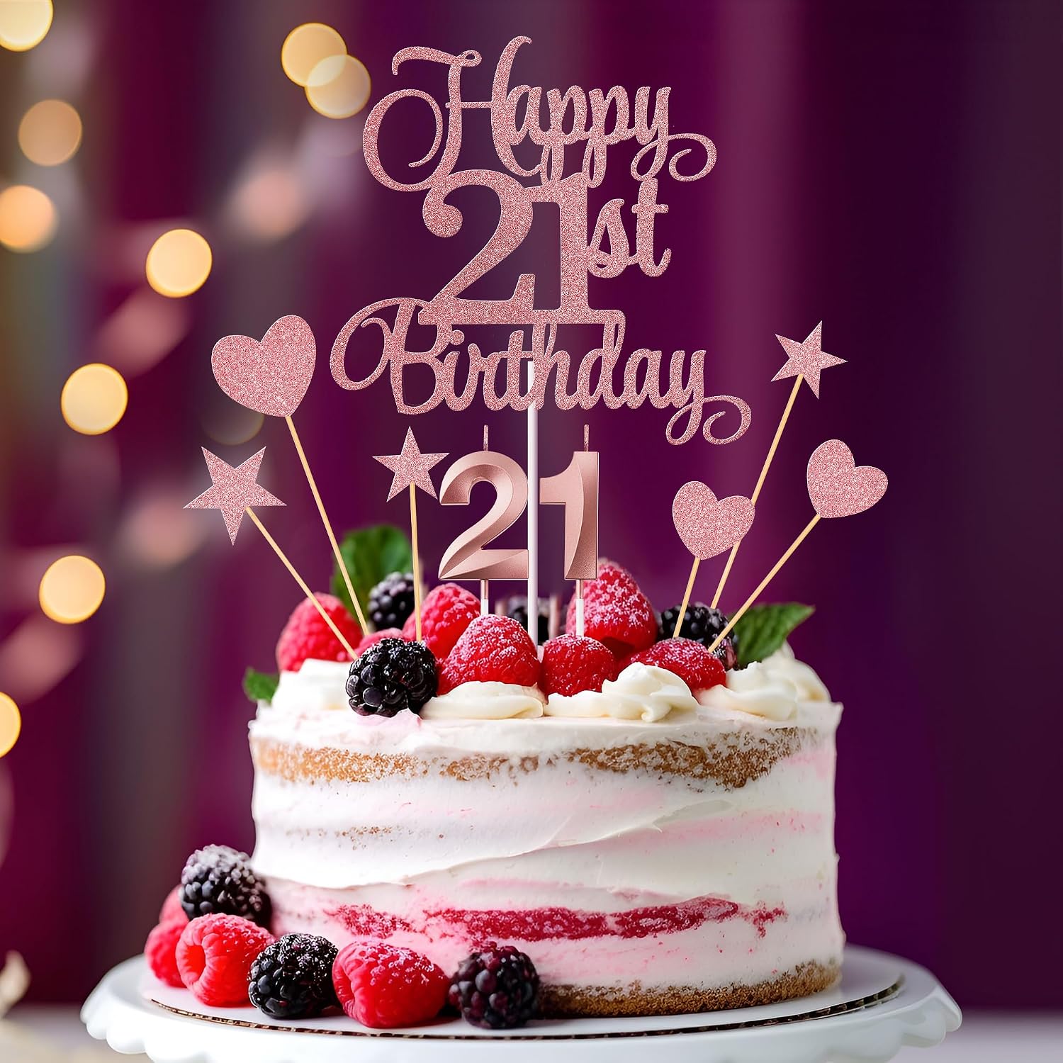 21st Birthday Cake Toppers, 21st Birthday Candles Numeral Candles and Glitter Cake Decorations Toppers Set for Party Supplies (Rose Gold)