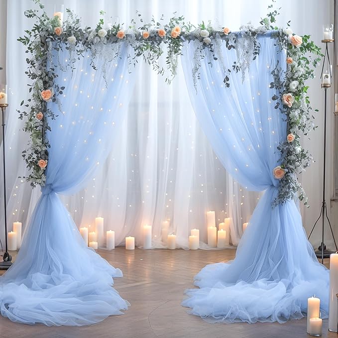 Baby Blue Backdrop Curtains with Lights String for Baby Shower Parties 2 Panels 5×10ft Sheer Tulle Backdrop Curtain Panels for Birthday Party Bridal Shower Photo Shoot Background Wall Decorations