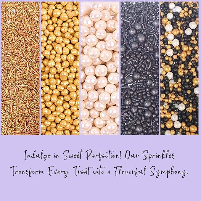 Confect Sprinkles- Red Carpet Glam Cake Decorating Sprinkles – Edible Black, White & Champagne Gold Dragees, Gold & Black Jimmies Mix – Sprinkle Mix for Cakes, Cupcakes, Cookies & Dessert Decoration- Vegan, Gluten-Free, Nut-Free, Soy-Free, Dairy-Free, ...