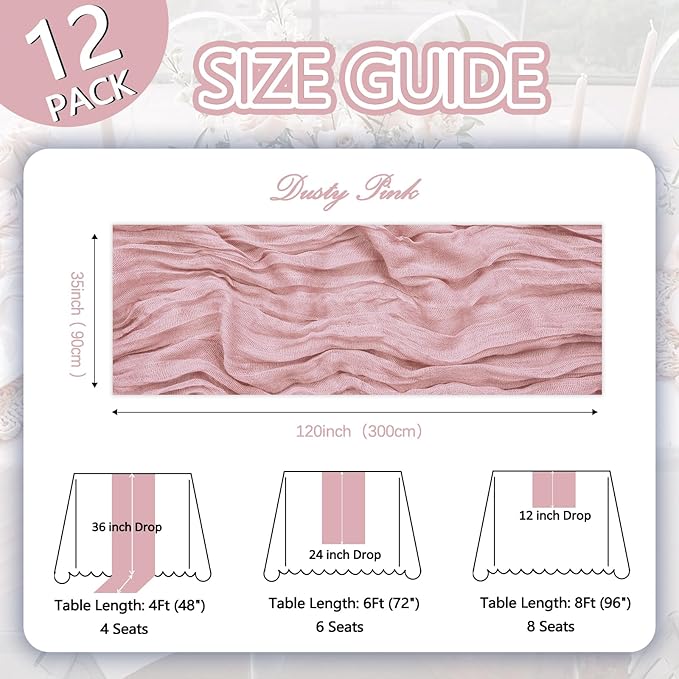 12 Pack Dusty Pink Cheesecloth Table Runner 10ft Boho Gauze Fabric Cheese Cloth Table Runner 35 x 120 Inch Rustic Sheer for Romantic Wedding Decor Baby Shower Party Table Centerpiece Decoration