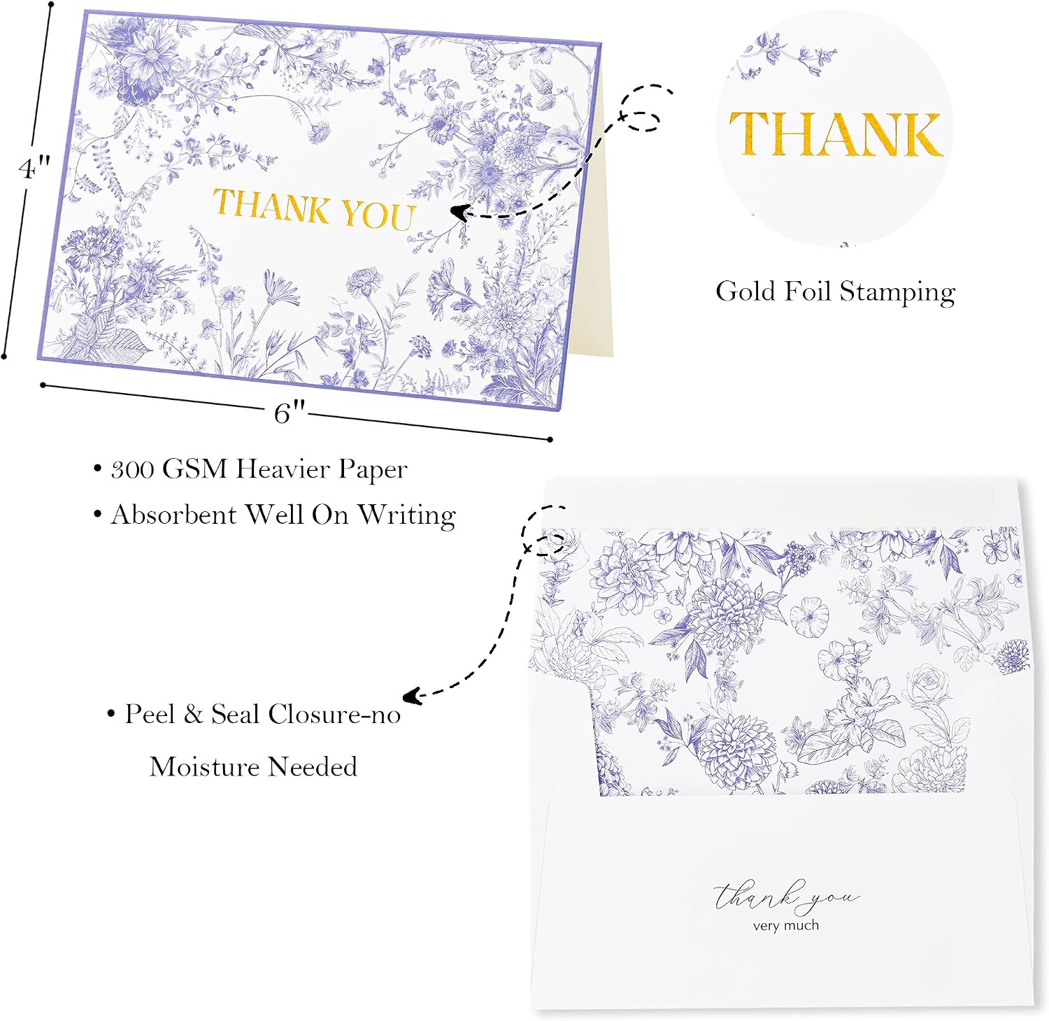 Crisky Purple Floral Thank You Cards with Envelopes, 50 Pack Lavender Wedding Thank You Notes Bulk for Bridal Shower Baby Shower Business Graduation, All Occasion