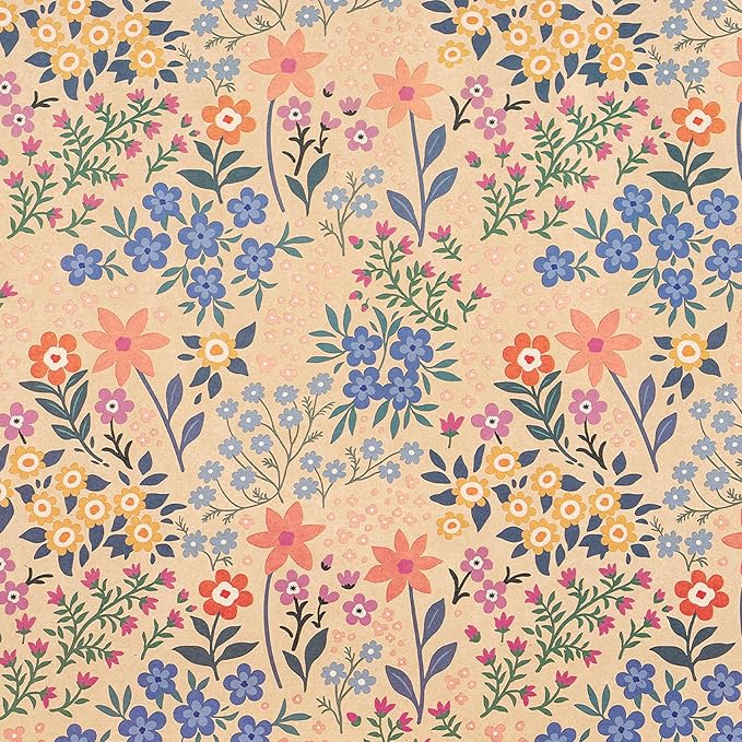 RUSPEPA Kraft Floral Wrapping Paper Roll for Girls Women, Mini Roll, Garden Flower Design, Wildflower Kraft Gift Wrap for Birthday, Spring, Summer, Mother's Day, Bridal Shower, 17 Inches x 9.8 Feet