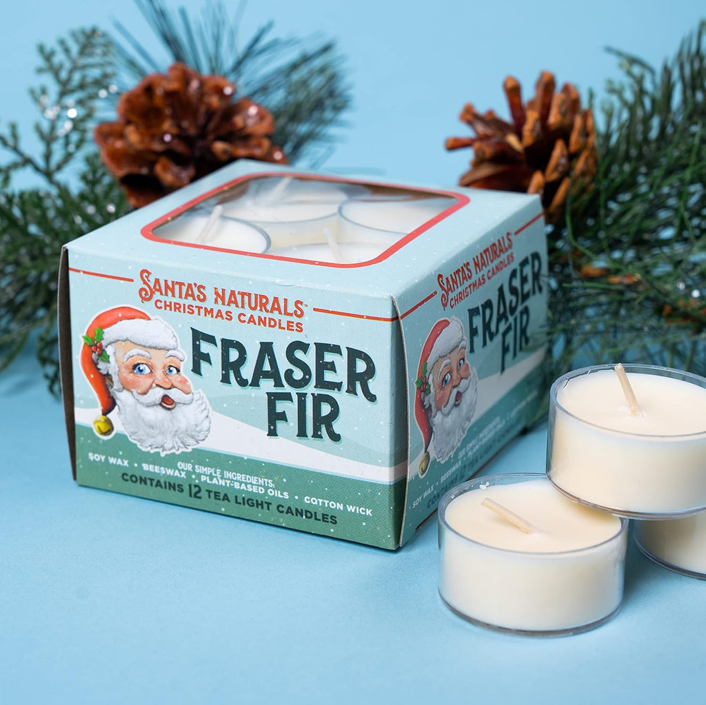 Santa's Naturals Fraser Fir Christmas Tea Light Candles, Pack of 12 | Soy & beeswax blend candles with fresh fir, cedar & cypress scent; up to 4-hour burn time each