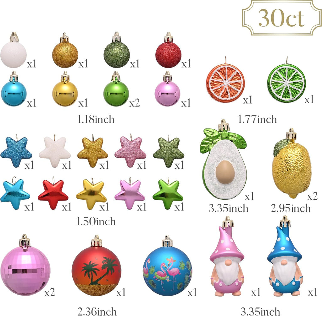 Valery Madelyn 30ct Summer Tree Ornaments Christmas in July Decorations | Coastal Beach Ocean Theme Set with Flamingo Gnome Avocado Lemon & Palm Tree Shatterproof Balls for Hawaiian Tropical Party