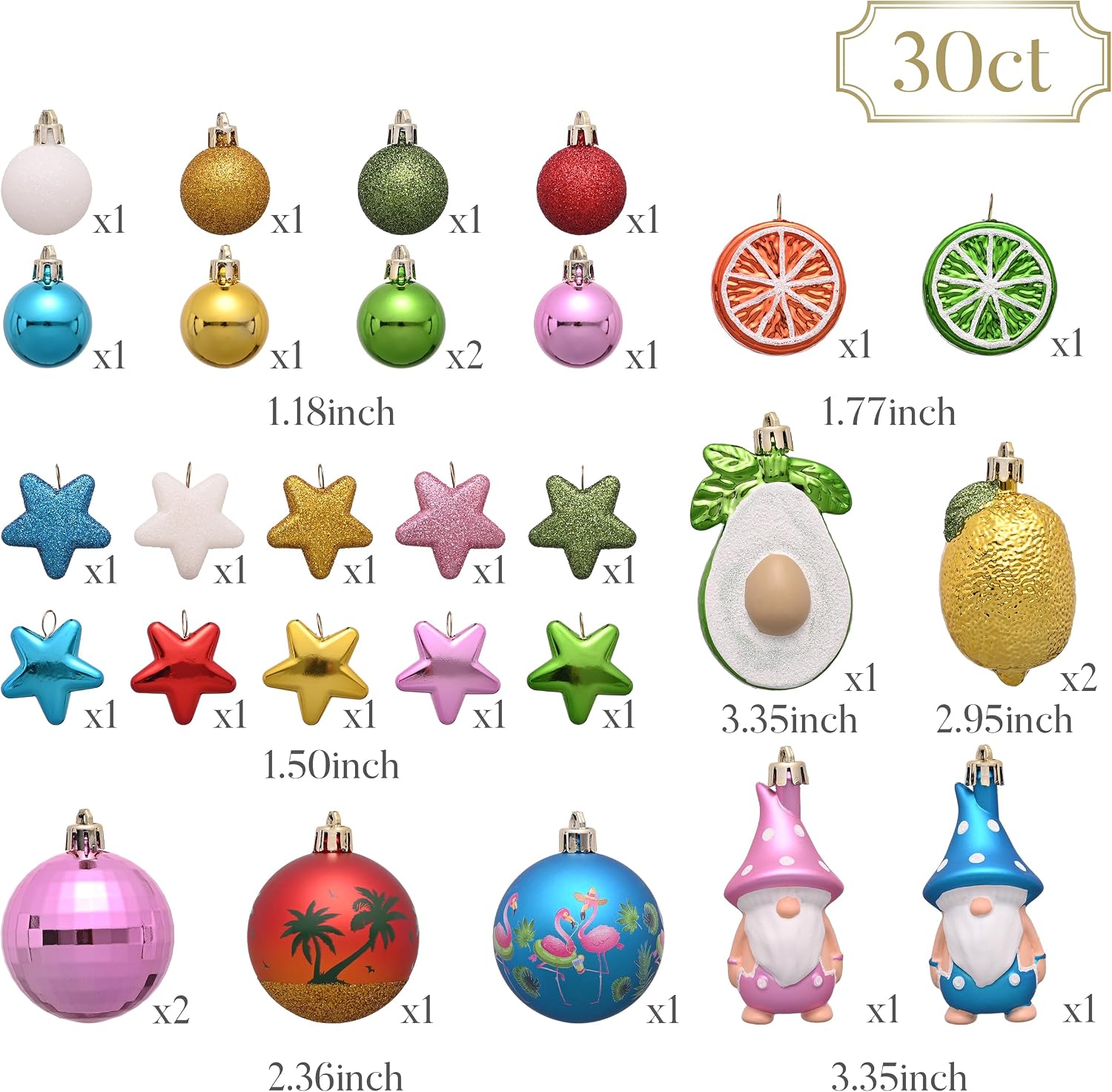 Valery Madelyn 30ct Summer Tree Ornaments Christmas in July Decorations | Coastal Beach Ocean Theme Set with Flamingo Gnome Avocado Lemon & Palm Tree Shatterproof Balls for Hawaiian Tropical Party