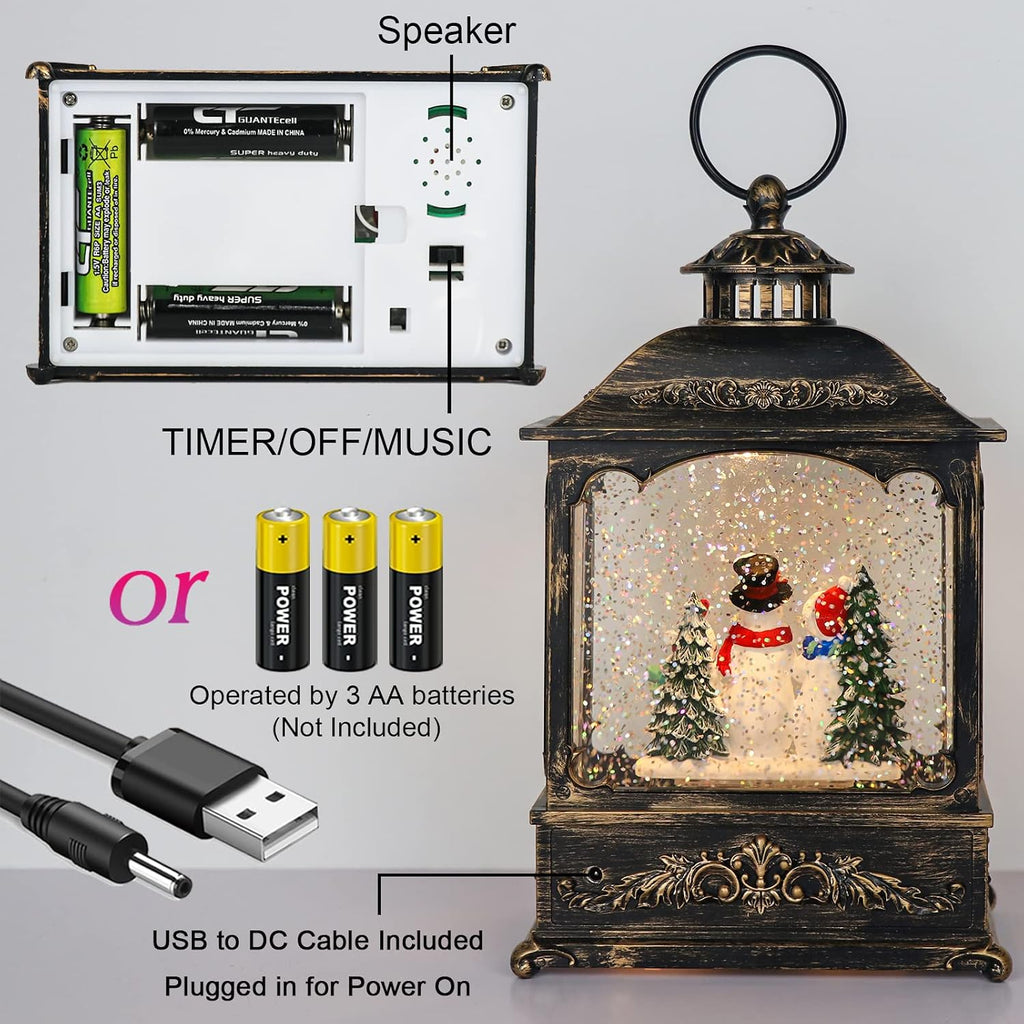 Wondise Christmas Musical Snow Globes with Timer, USB Plug-in & Battery Operated Spinning Water Glitters Lighted Singing Snow Globe Lantern for Christmas Thanksgiving Holiday Decorations(Snowman)