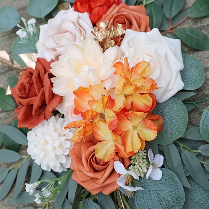ponatia Wedding Arch Flowers (Pack of 2), Artificial Burnt Orange Wedding Flowers for Wedding Welcome Signs Decorations and Arch Flowers for Wedding Ceremony Reception (Burnt Orange & Ivory)