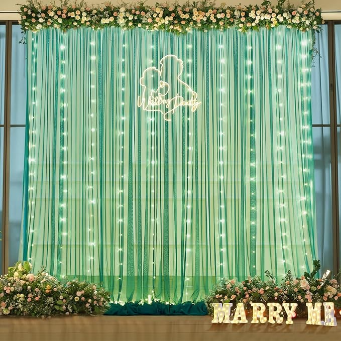 Hunter Green Tulle Backdrop Curtains with Lights String for Parites 10x8ft Sheer Backdrop Curtains Drapes for Birthday Party Bridal Shower Baby Shower Photo Booth Background Decorations