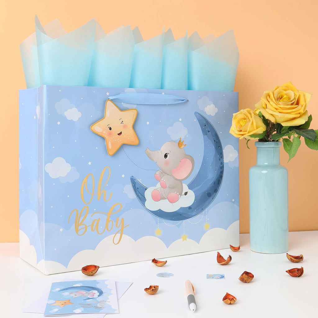 16.5'' Extra Large Baby Boy Gift Bag Set with Handles, Greeting Card, Blue Tissue Papers and Stickers for Boys Kids for Baby Shower, Boys' Birthday Party, Newborn, New Moms, Little One, 1st Baby, Elephant and 3D Star Design, 1 Pcs