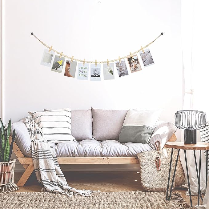 Hanging Photo Display Wall Decor, Boho Wooden Bead Garland Collage Picture Frame with 9 Wood Clips for Bedroom, Living Room, Office, Dorm Decor, Photos Holder Christmas Cards Teen Girl Gifts