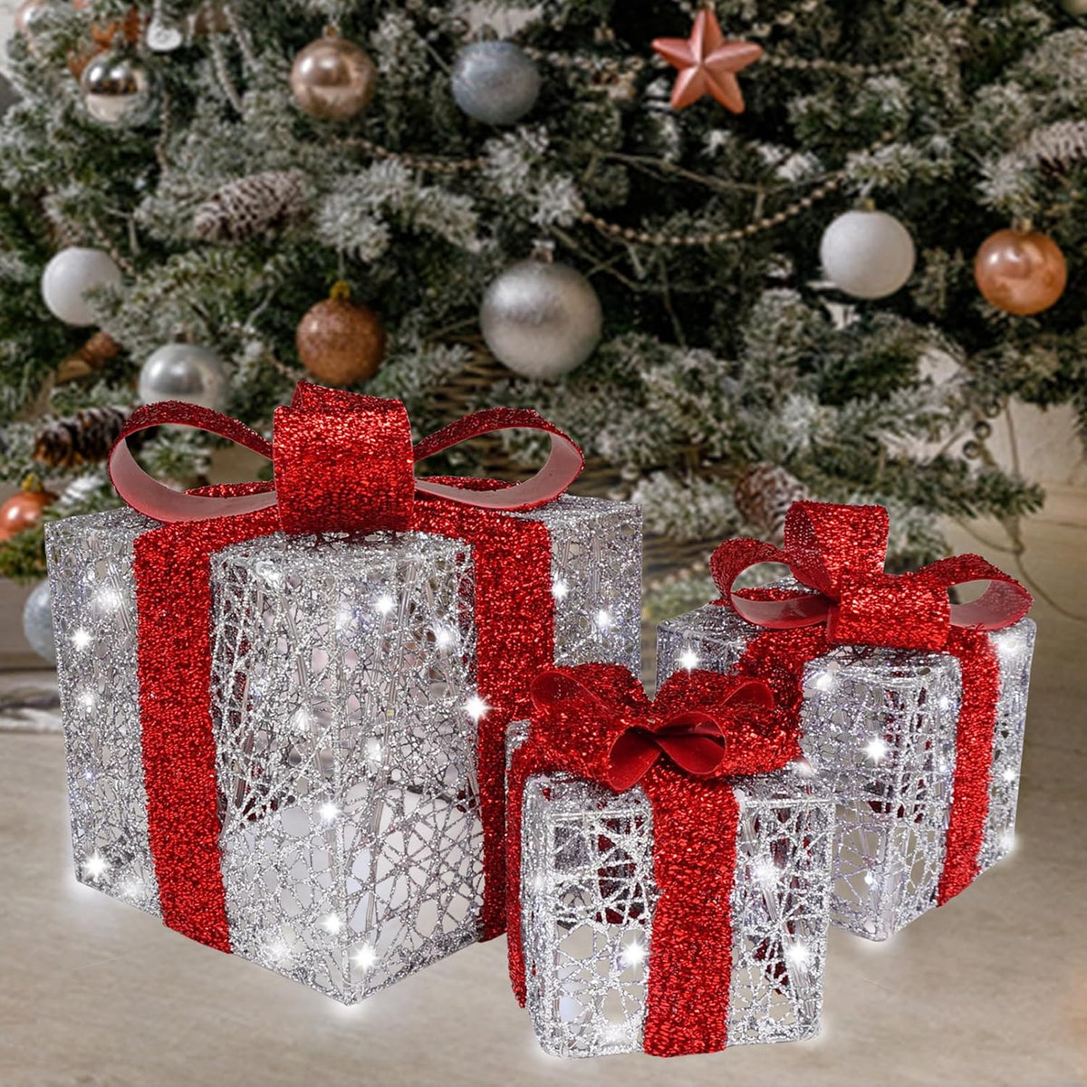 lighted gift box set of 3, silver boxes, main product view