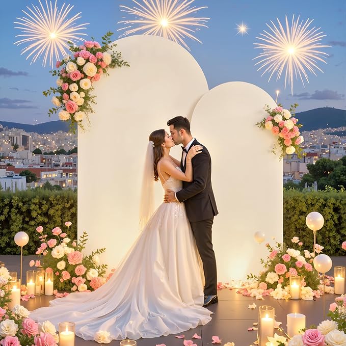 White and Beige Arch Backdrop Cover for Wedding, 7.2FT 6FT Set of 2 Stretchy Spandex Fitted Arch Stand Cover for Baby Shower, Birthday Party Decor, Chiara Backdrop Cover with Double-Sided Design