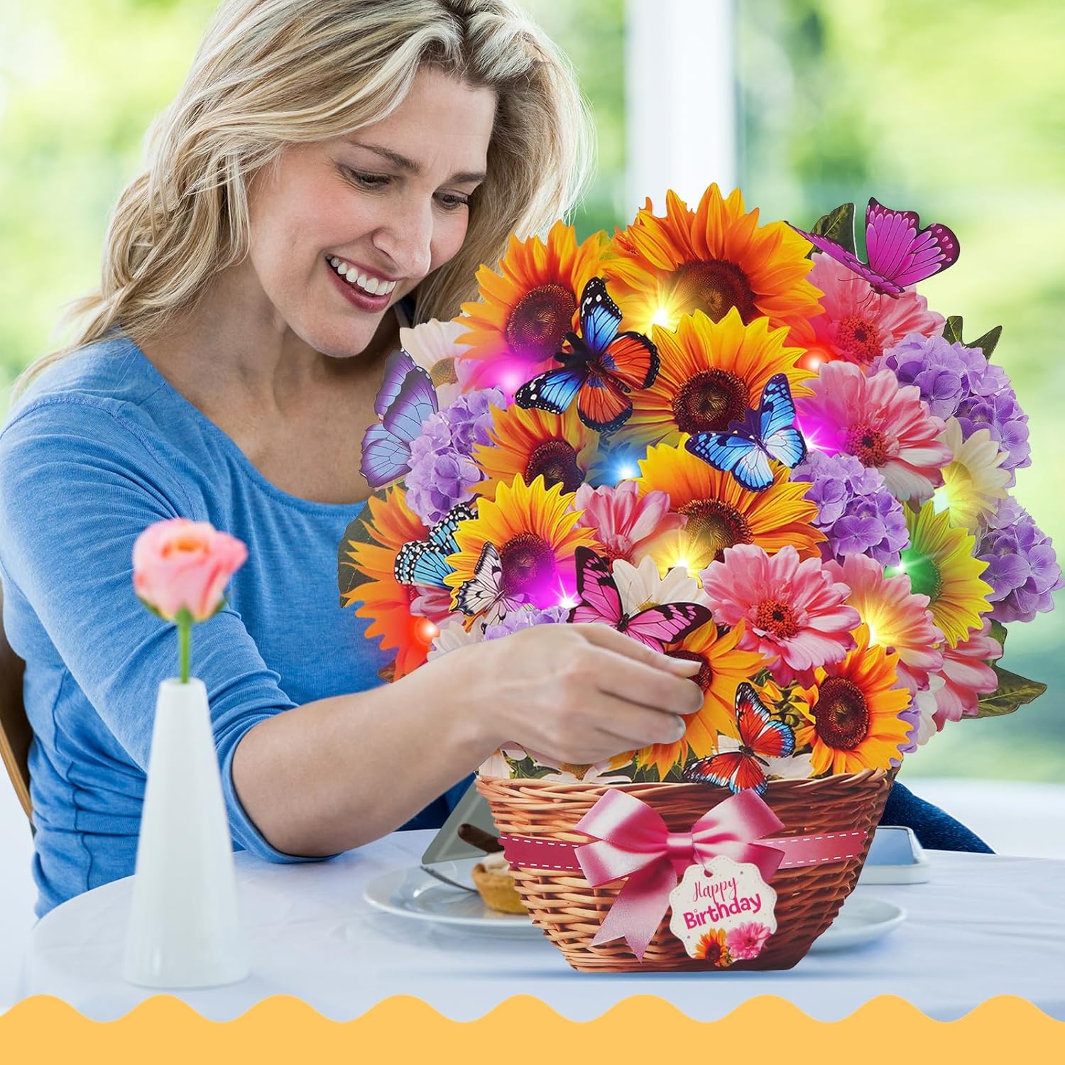 MZD8391 Birthday Cards with MUSIC & LIGHTS, Pop Up Happy Birthday Card, Sunflower & Butterfly, 10 Inch Life Sized Forever Flower Bouquet Gifts for Women Mom Grandma