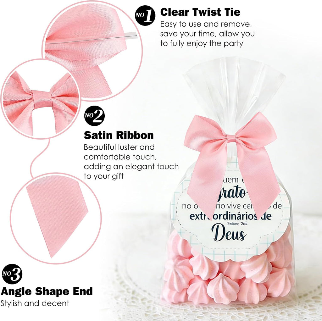24 PCS Pink Bows for Gift Wrapping 4.5" Pre-Tied Twist Tie Bows Baby Pink Satin Ribbon Bow for Presents Candy Treat Bags Crafts Baby Shower Birthday Party Wedding Decor