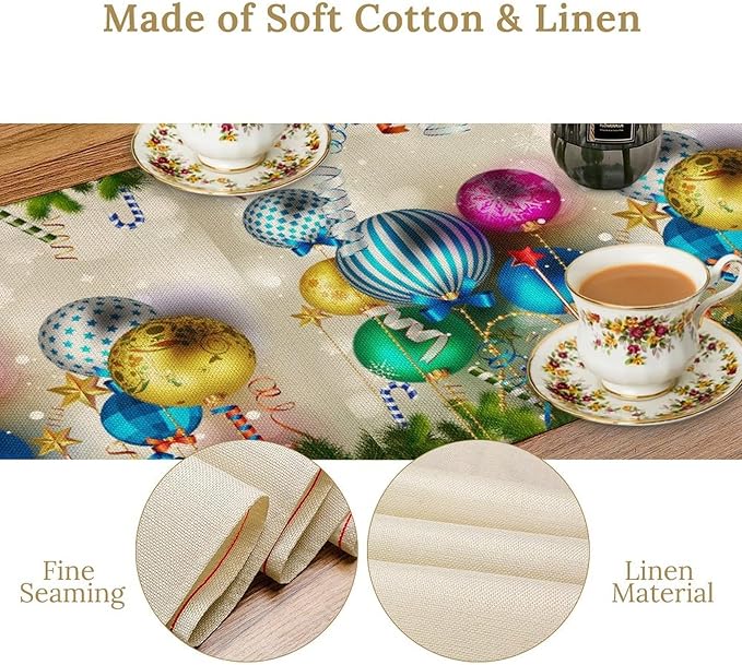 Christmas Table Runner,Colorful Balls Xmas Tree Snowflake Pattern Print Tablecloth Burlap for Hotel Indoors Outdoor Dining Room Kitchen Home Decor,W13X L108 in