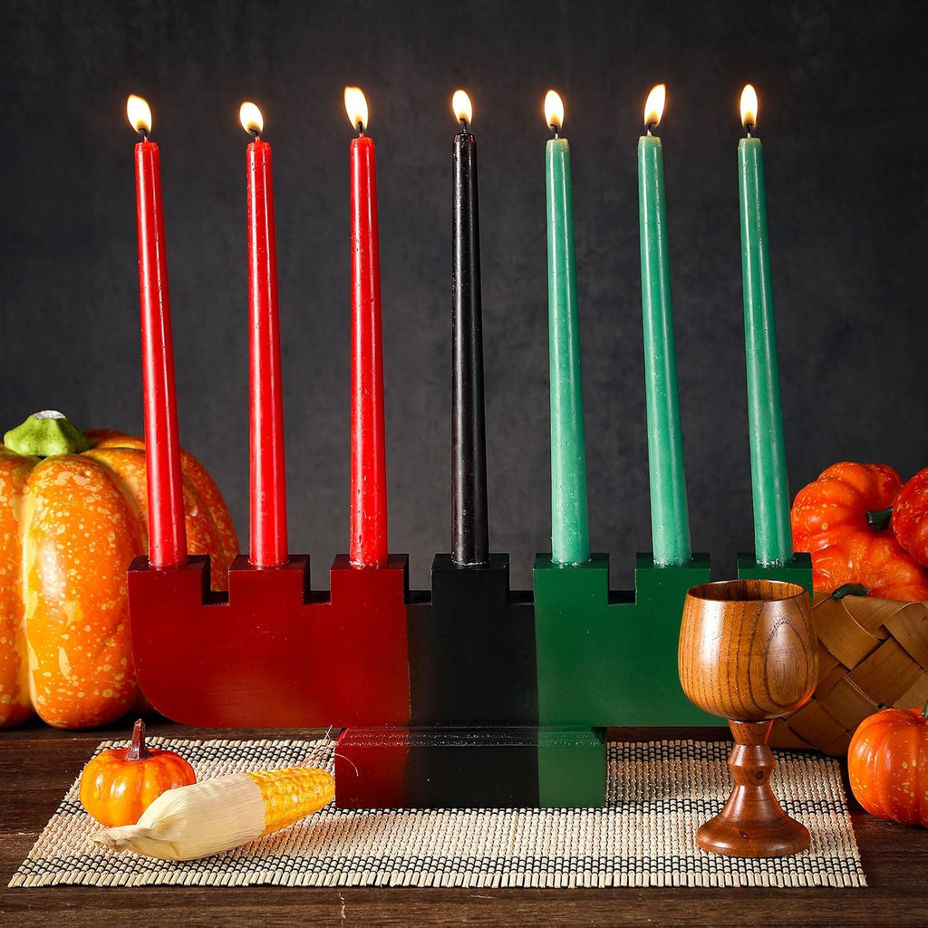 Zubebe 10 Pcs Kwanzaa Kinara Set 3 Red 3 Green 1 Black Kwanzaa Candle Set Kinara Bamboo Table Mat Candle Holder Wooden Wine Goblet for Celebration Decoration(Red Green Black)