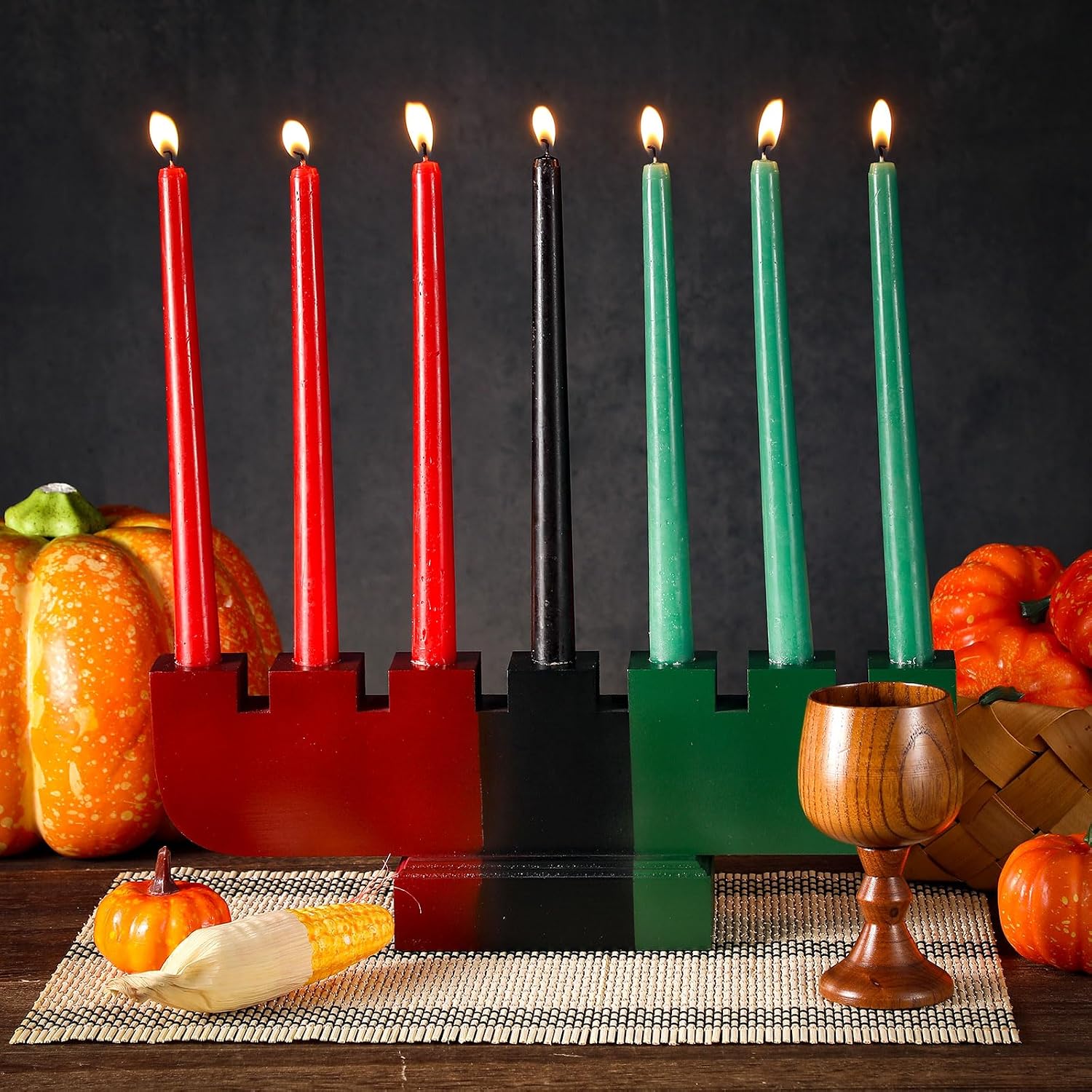 Zubebe 10 Pcs Kwanzaa Kinara Set 3 Red 3 Green 1 Black Kwanzaa Candle Set Kinara Bamboo Table Mat Candle Holder Wooden Wine Goblet for Celebration Decoration(Red Green Black)